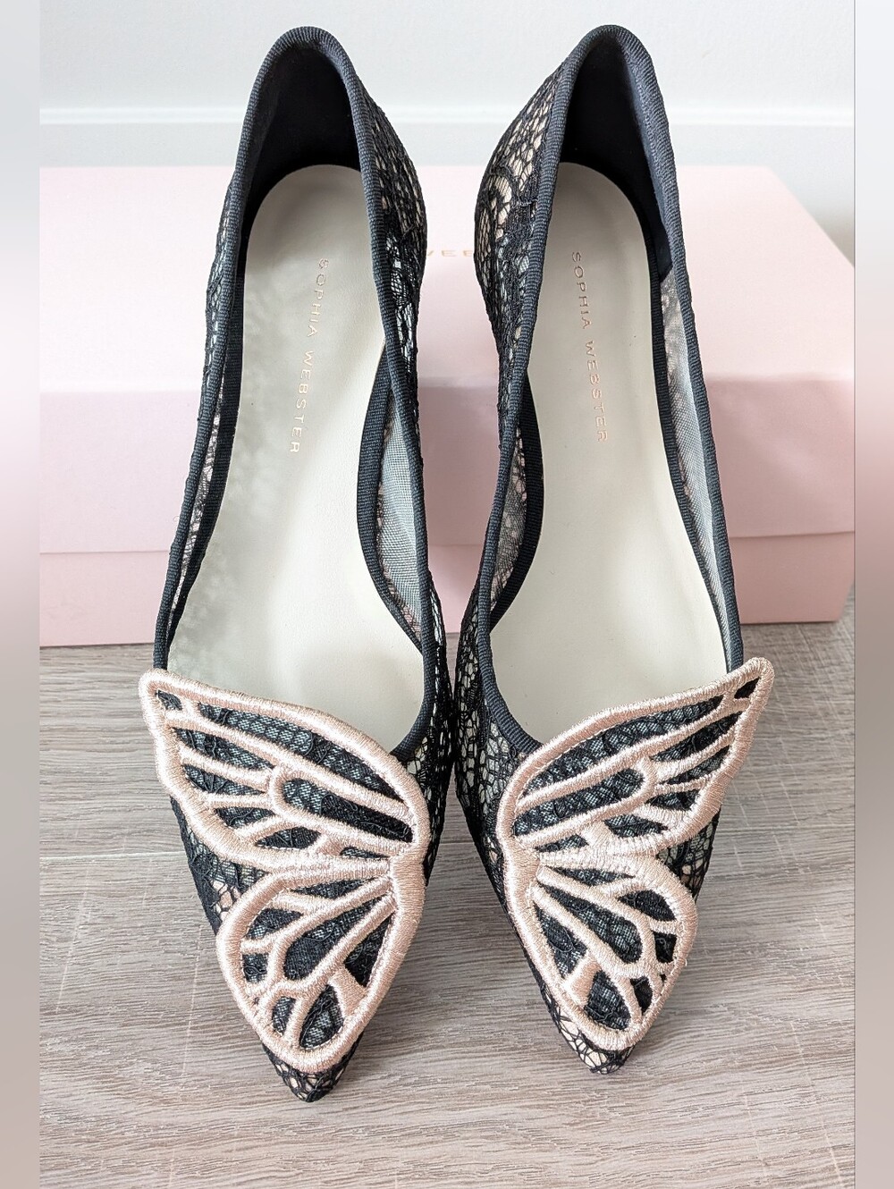 NWB Sophia Webster Black Lace Bibi Rose Gold Embroidery Butterfly Flats 37